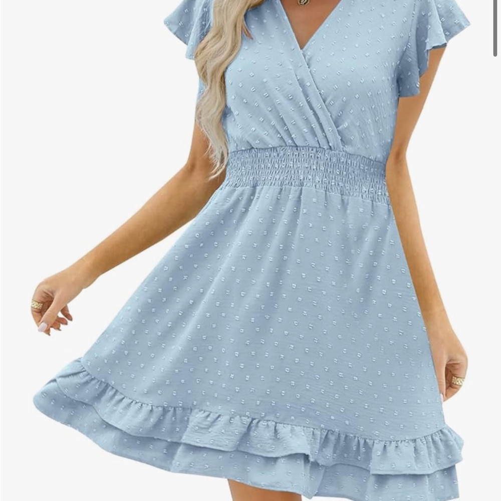 Elegant Light Blue Summer Mini Dress with Ruffle- Size Small